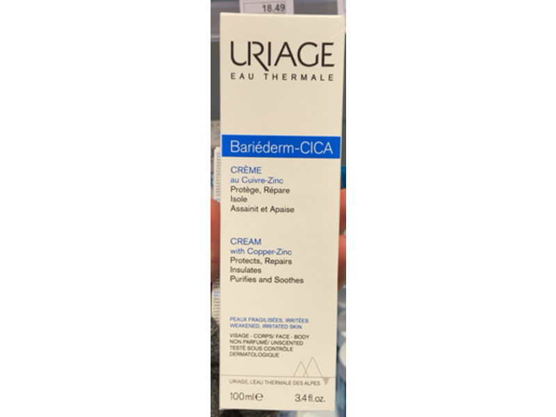 Uriage Eau Thermale Bariederm Cica Cream, Copper-Zinc, 3.4 fl oz/100 mL