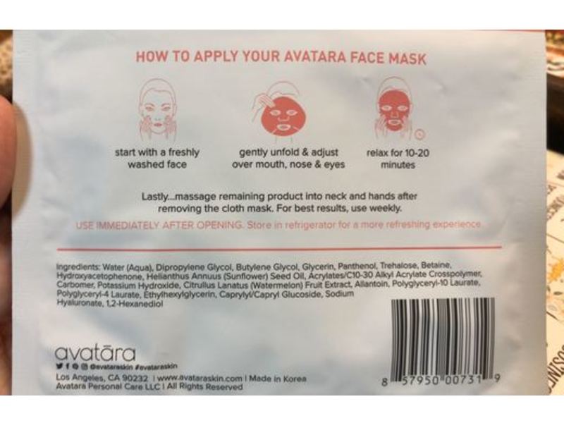 Avatara Hydrating Mask, Watermellow, 0.71 fl oz/21 mL