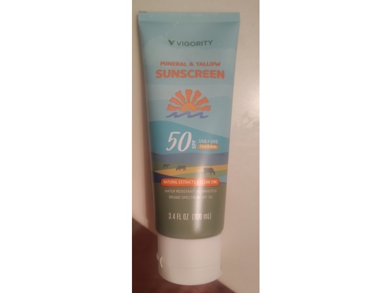 Vigority Mineral & Tallow Sunscreen, SPF 50 Natural Extracts & Clear Zinc, 3.4 fl oz/100 mL