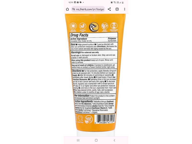 Badger Kids Mineral Sunscreen Cream, SPF 40, Tangerine & Vanilla, 2.9 fl oz /89 mL