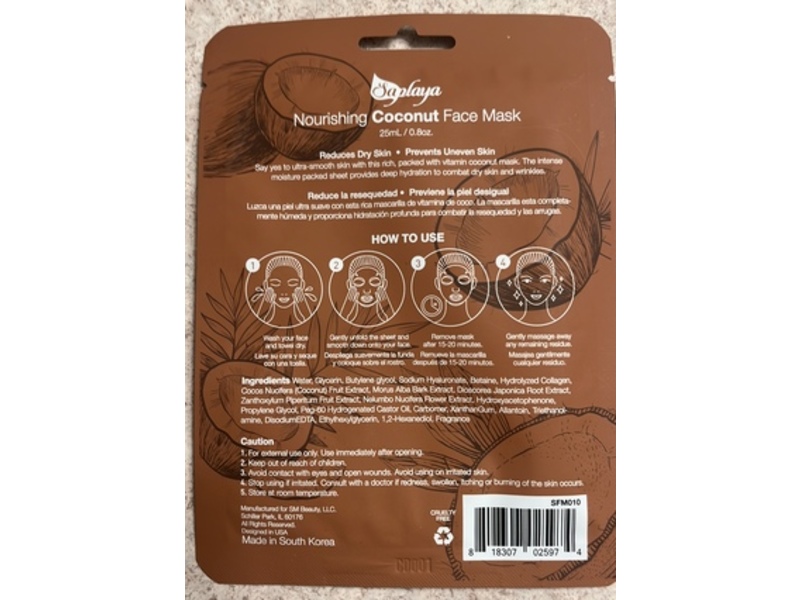 Saplaya Face Mask, Coconut, 0.8 oz/25 mL, Pack Of 6