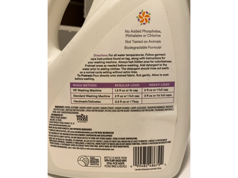 365 Whole Food Market Concentrated Laundry Detergent, Lavender Citrus, 100 fl oz/2.95 L