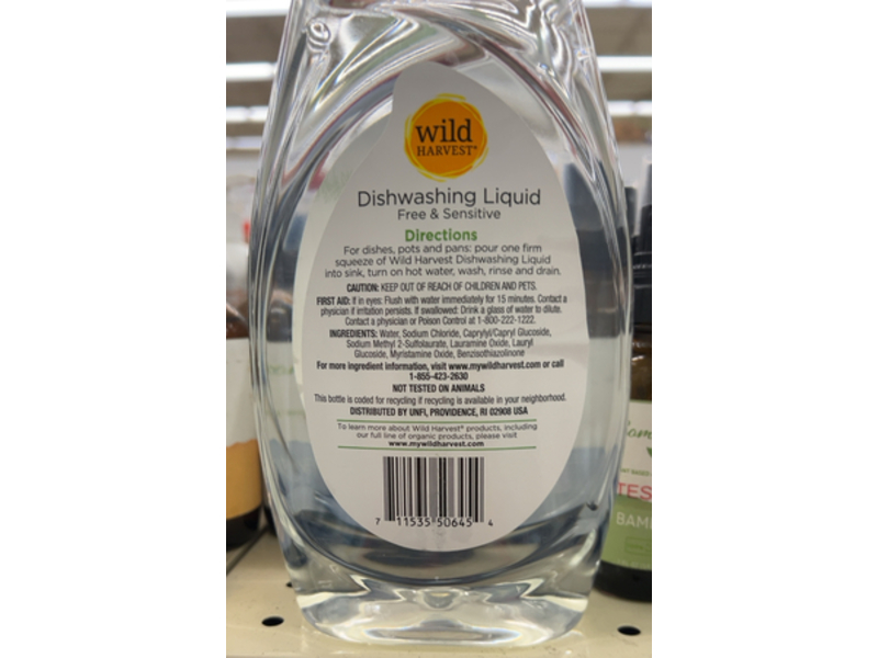 Wild Harvest Dishwashing Liquid, Free & Sensitive, 24 fl oz/709 mL