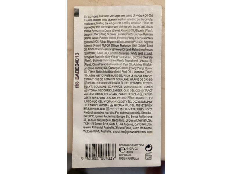 Grown Alchemist Hydra + Oil Gel Facial Cleanser, Rosemary C02 Extract + Squalane & Blackcurrant Seed, 0.10 fl oz/3.0 mL