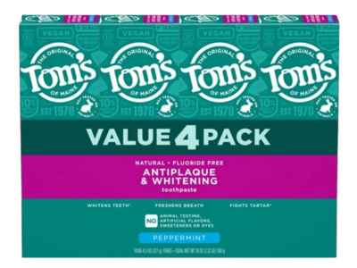 Tom's Of Maine Antiplaque & Whitening Toothpaste, Peppermint, 4.5 oz/127 g, Pack Of 4