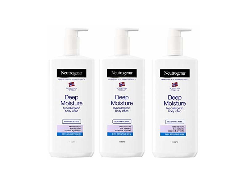 Neutrogena Deep Moisture Hypoallergenic Body Lotion, Fragrance Free, 13.5oz/400 mL, Pack Of 3