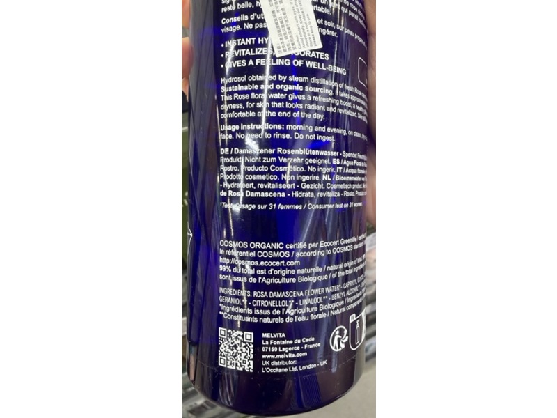 Melvita Organic Rose Floral Water, 13.5 fl oz/ 400 mL