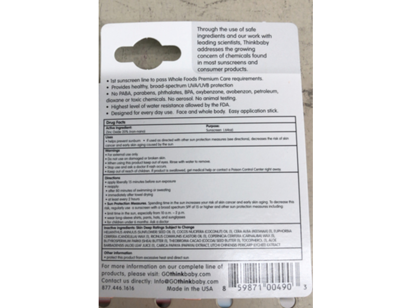 Thinkbaby Body & Face Sunscreen Stick, SPF 30, 0.64 oz/18.4 g