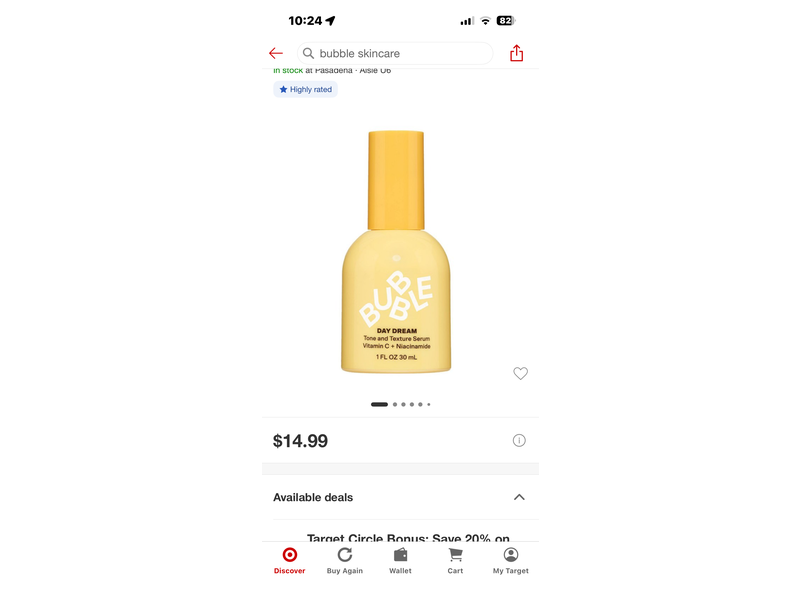 Bubble Day Dream Tone & Texture Serum, Vitamin C + Niacinamide, 1 fl oz/30 mL.