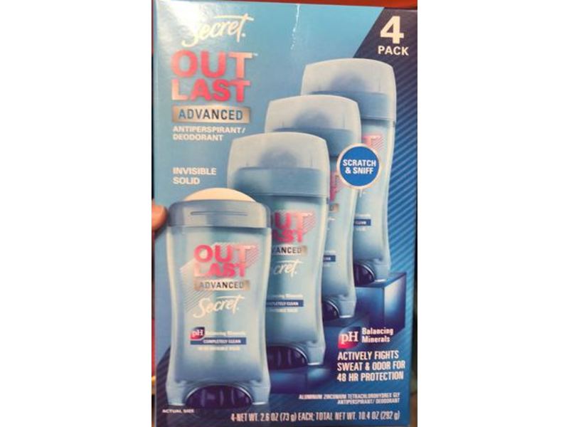 Secret Out Last Advanced Antiperspirant Deodorant, Complete Clean, 2.6 oz/73 g, Pack of 4
