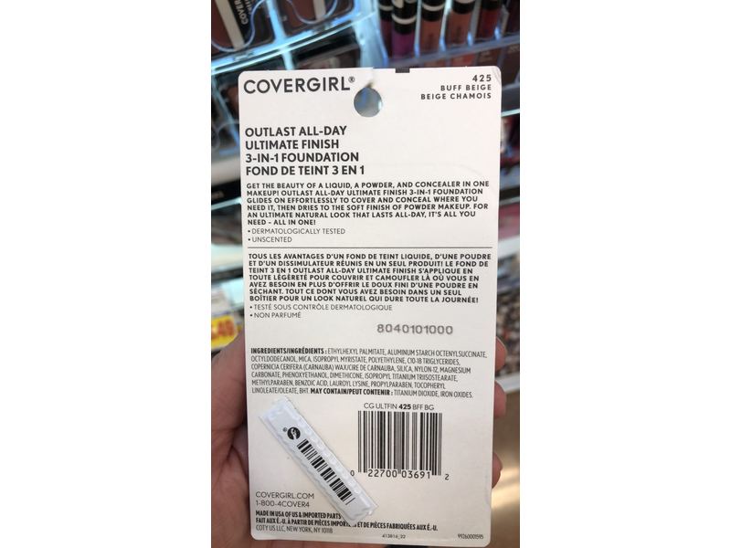 CoverGirl Outlast All-Day Ultimate Finish 3 In 1 Foundation, 425 Buff Beige, 0.4 oz/11 g.