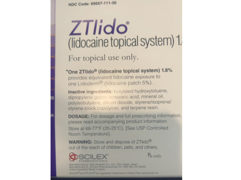 ZTlido Lidocaine Topical System 1.8%, 30 Count, Scilex Pharmaceuticals