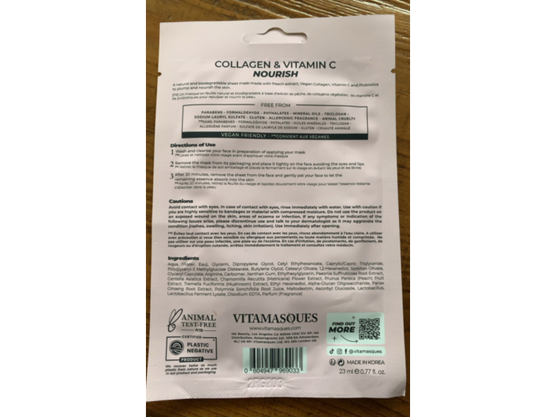 Vitamasques Collagen & Vitamin C Nourish Sheet Mask, Peach , 0.77 fl oz/23 mL