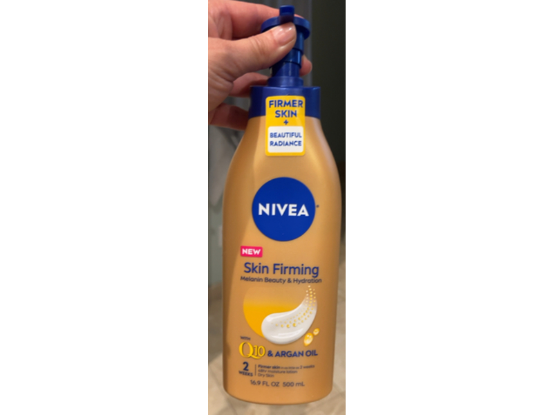 Nivea Skin Firming Melanin Beauty & Hydration Body Lotion, Q10 & Argan Oil, 16.9 fl oz/500 mL