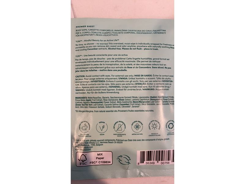 Yuni Shower Sheet Large Body Wipes, Rose & Cucumber, 1 Count