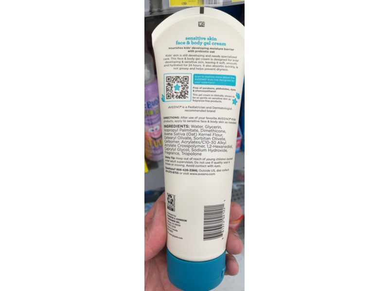 Aveeno Kids Sensitive Skin Face & Body Gel Cream, Gentle Scent, Hypoallergenic, 8 oz/227 g