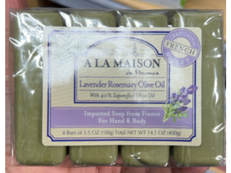 A La Maison Hand & Body Bar Soap, Lavender Rosemary Olive Oil, 3.5 oz/100 g, Pack Of 4