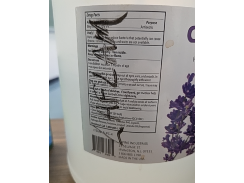 Alpine Industries Clenz Instant Gel Hand Sanitizer, Lavender, 128 fl oz