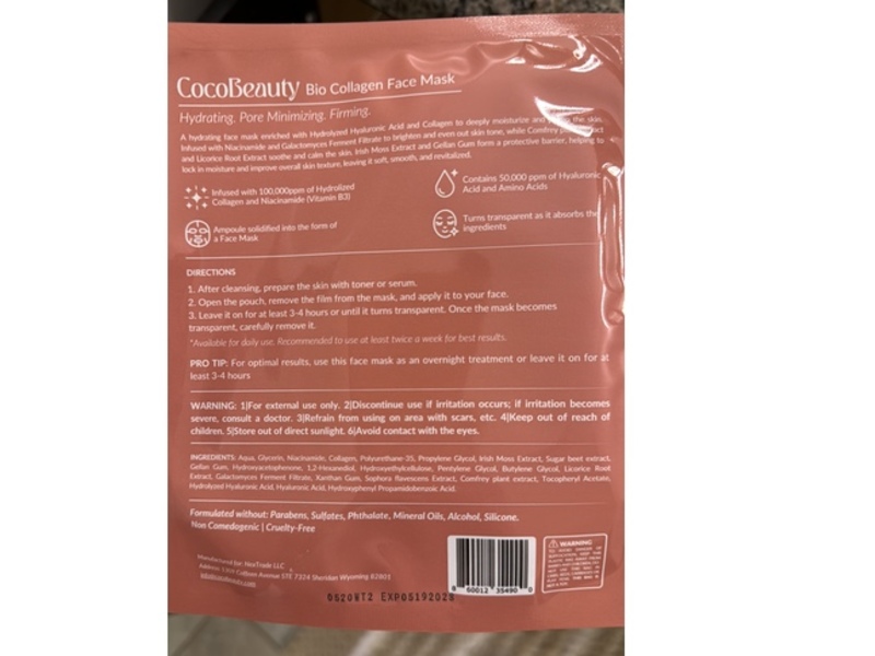 Coco Beauty Bio-Collagen Face Mask, 1.19 oz/34 g, 4 Pack
