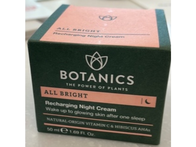 Botanics All Bright Recharging Night Cream, Vitamin C & Hibiscus AHA, 1.69 fl oz/50 mL