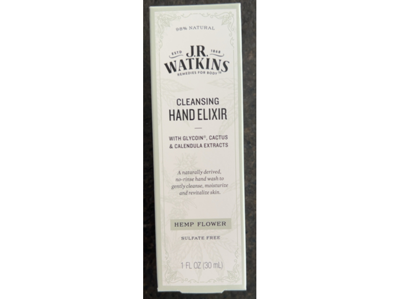 J.R. Watkins Cleansing Hand Elixir, Glycoin, Cactus & Calendula Extract, Hemp Flower, 1 fl oz/30 mL