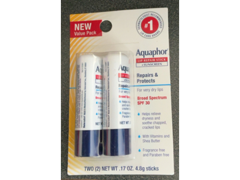 Aquaphor Lip Repair Stick + Sunscreen, SPF 30, 0.17 oz/ 4.8 g, Pack Of 2