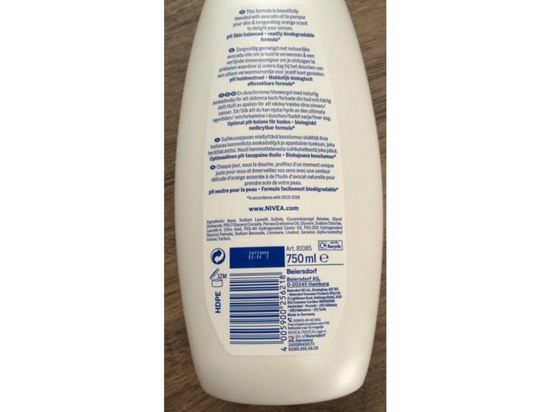 Nivea Caring Shower Cream, Orange & Avocado Oil, 750 mL