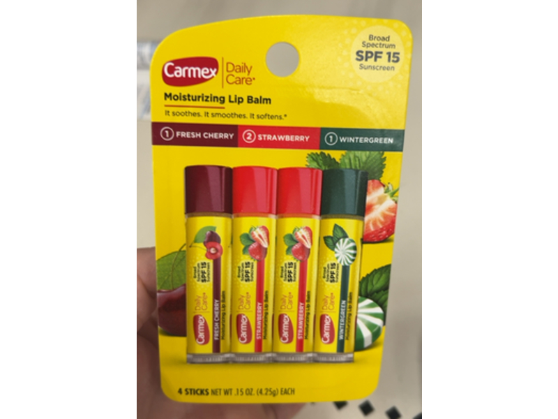 Carmex Daily Care Moisturizing Lip Balm Set, SPF 15, Fresh Cherry + Strawberry + Wintergreen, 0.15 oz/4.25 g, Pack Of 4