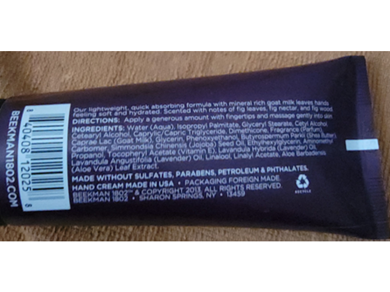 Beekman 1802 Fig Leaf Goat Milk Hand Cream, Lavender Oil, 2.0 oz/59 mL