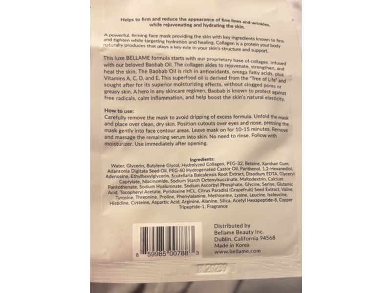 Bellame Collagen Mask, Baobab Oil, 23 g