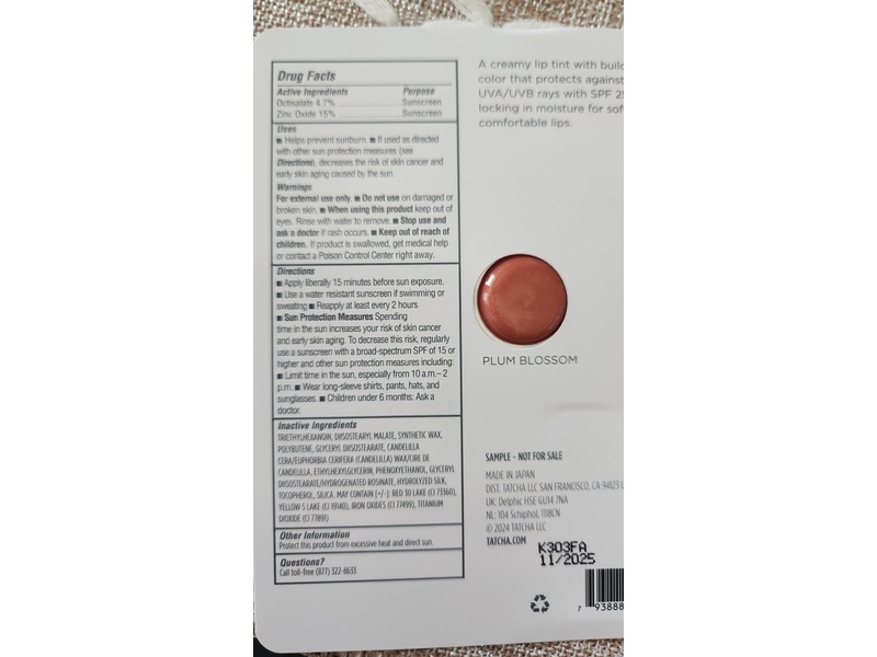 Tatcha The Kissu Lip Tint, SPF 25, Plum Blossom, 0.007 oz/0.2 g