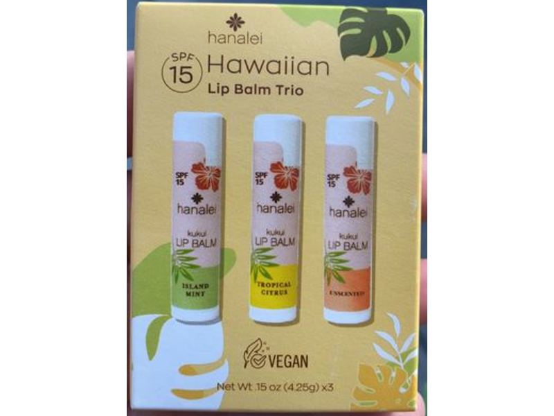 Hanalei Hawaiin Lip Balm Trio, Vegan, SPF 15, 0.15 oz/4.25 g