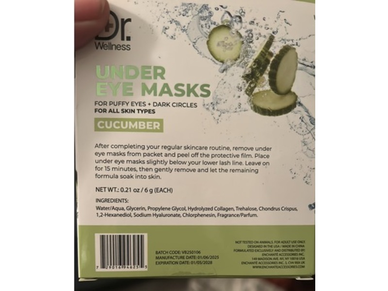 Dr. Wellness Refreshing + Hydrating Under Eye Masks, Cucumber, 0.21 fl oz/6 g, Count 10
