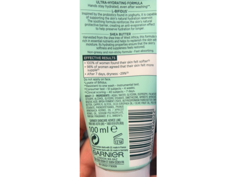 Garnier Intensive 7 Days Restoring Hand Cream, L- Bifidus+ Shea Butter, 100 mL