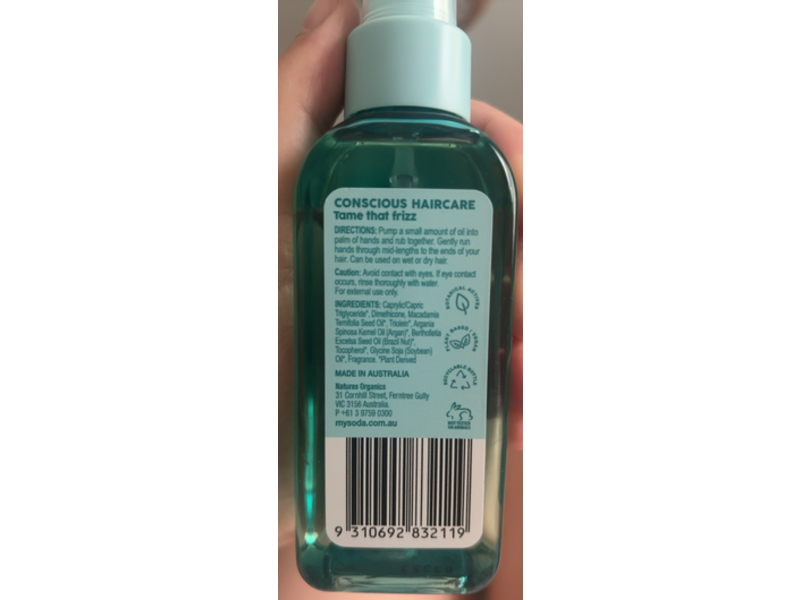 My Soda Australia Frizz Tamer Smoothing Oil, Argan & Brazil Nut Oil, 110 mL