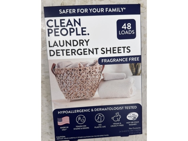 Clean People Laundry Detergent Sheets, Fragrance Free, 48 Loads, 2.54 oz/72 g, 24 Sheets