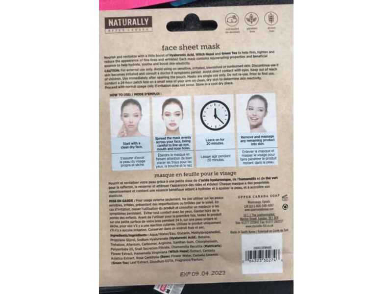 Naturally Hyaluronic Acid Face Sheet Mask, Hydrate & Plump, 0.88 oz/25 g, 5 Count