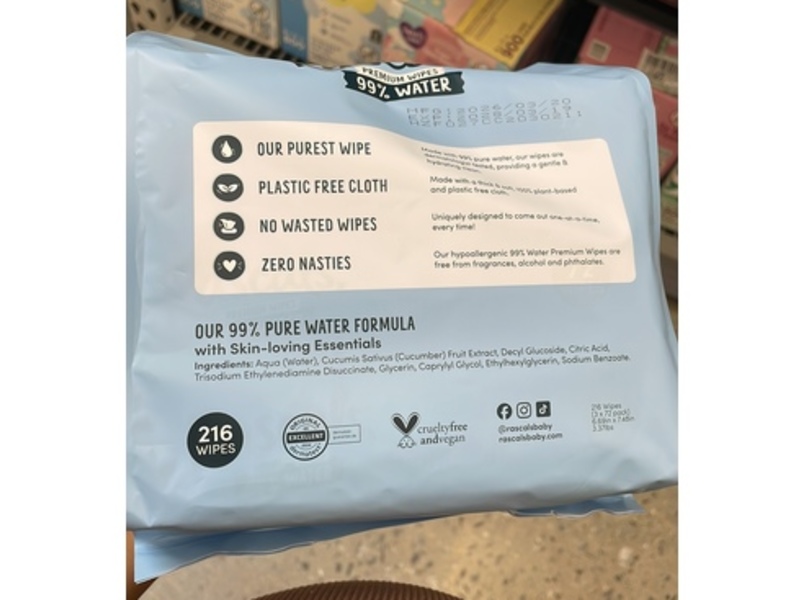 Rascals Premium Wipes, Water 99%, 216 Count