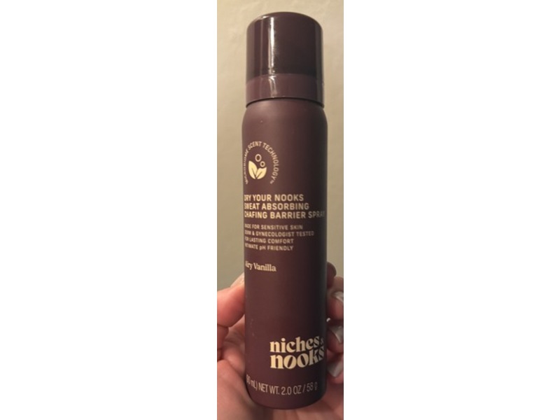 Niches & Nooks Dry Your Nooks Sweat Absorbing Chafing Barrier Spray, Airy Vanilla, 2 oz/58 g