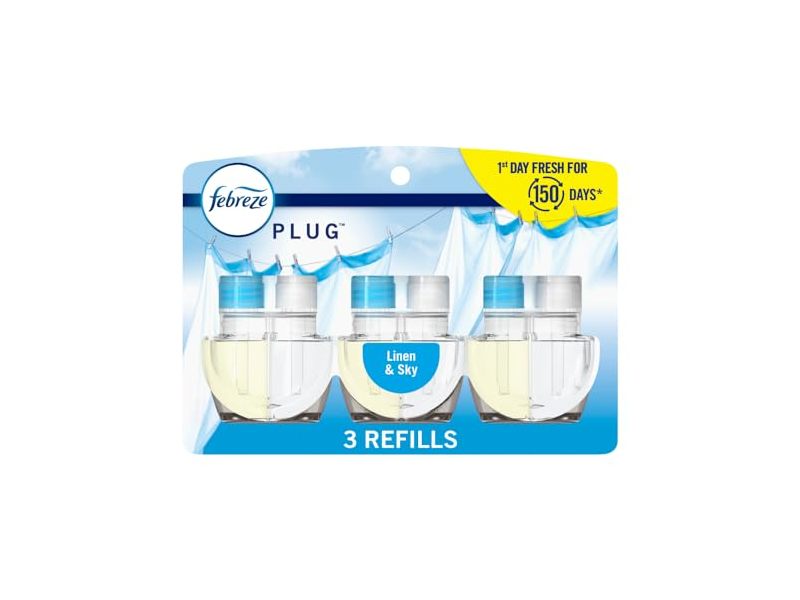 Febreze Plug-In Air Freshener Scented Oil Refill, Linen & Sky Scent, 0.87 fl oz/26 mL, 3 Count