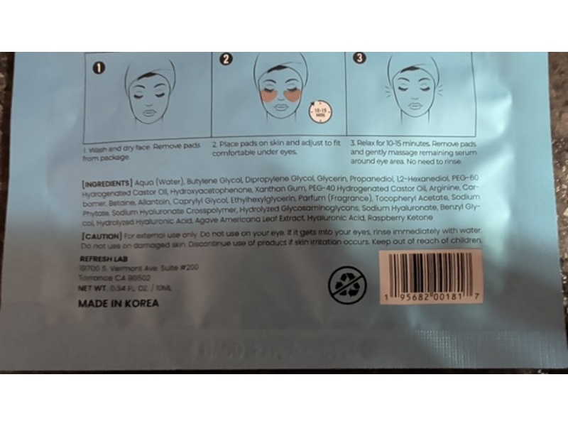 Refresh Lab Eye Patch, Hyaluronic + Moisturizing, 0.34 fl oz/10 mL, 1 Pair
