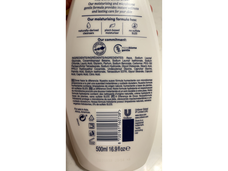 Dove Sensitive Micellar Water Body Wash, 16.9 fl oz/500 mL