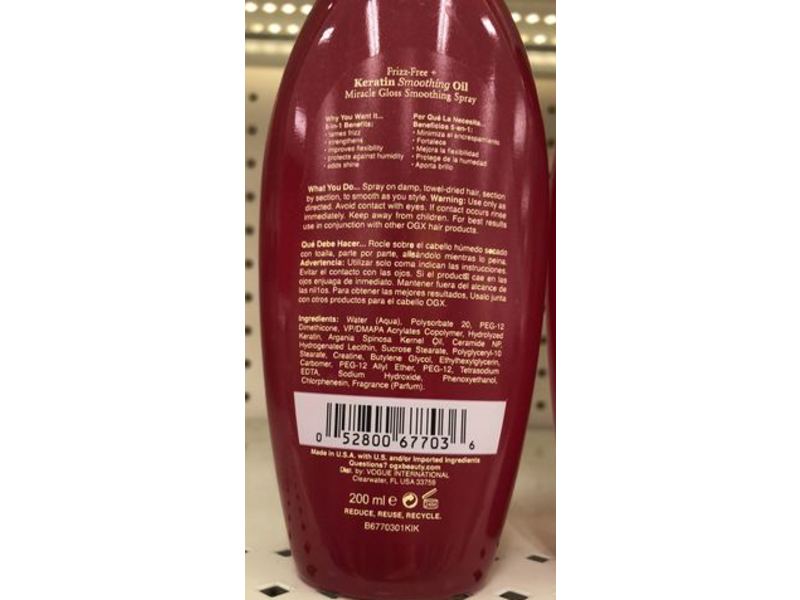 Ogx Frizz-Free + Keratin Smoothing Oil Miracle Gloss Smoothing Spray, 6.8 fl oz/200 mL