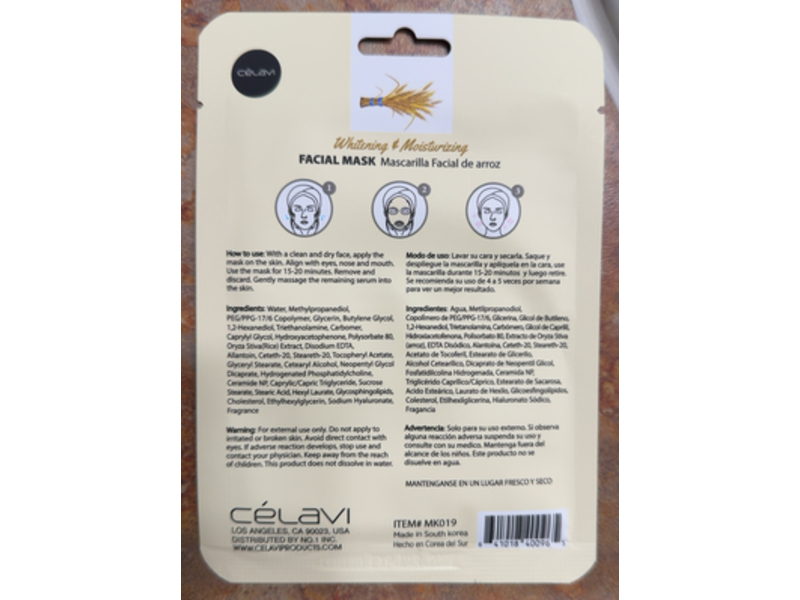 Celavi Whitening & Moisturizing Facial Mask, Rice, 0.74 oz/20 g