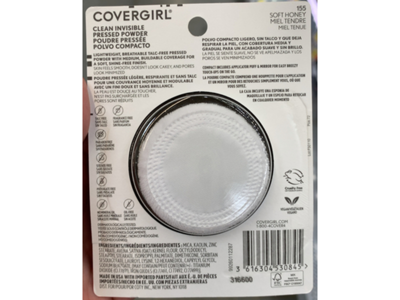 Covergirl Clean Invisible Pressed Powder, Soft Honey 155, 0.38 oz/11 g