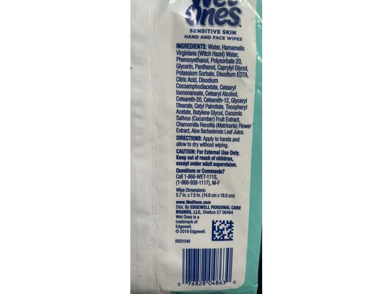Wet Ones Sensitive Skin Hand Wipes, Extra Gental, 20 Counts, Pack Of 5