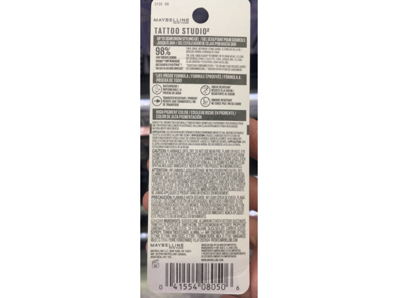 Maybelline Tattoo Studio Brow Styling Gel, 275 Medium Brown, 0.20 fl oz/6 mL