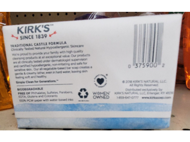 Kirk's Since 1839 Gentle Castile Soap, Original Fresh Scent, 4.0 oz/113 g, Pack Of 2