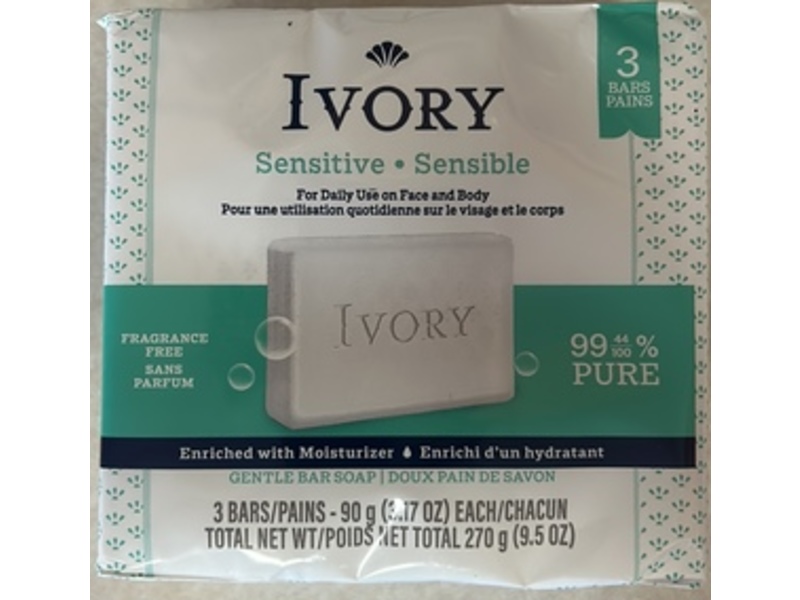 Ivory Sensitive Bar Soap, 3.17 fl oz/90 g, 3 Count