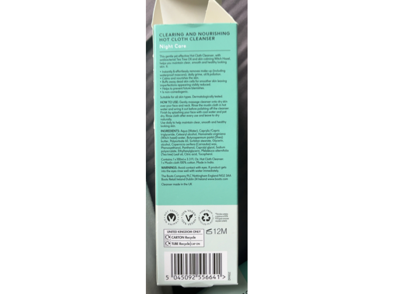 Boots Clearing & Nourishing Hot Cloth Cleanser, Tea Tree & Witch Hazel, 3.3 fl oz/100 mL